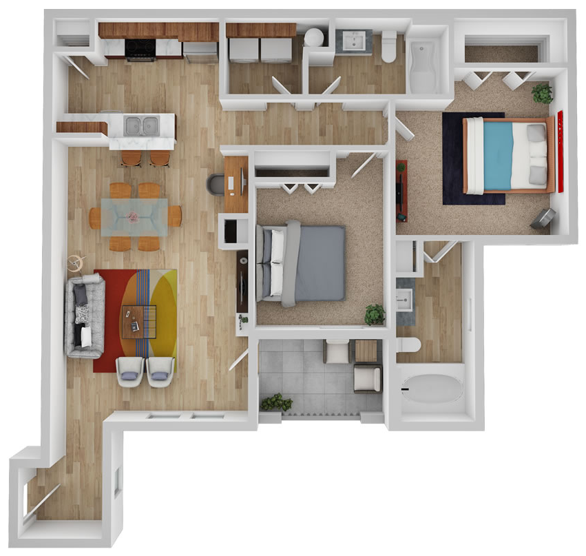 Floor plan for 2 beds, 2 baths, 982 sqft